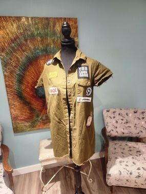 Olive Patchwork Short-Sleeve Button-Down Shirt